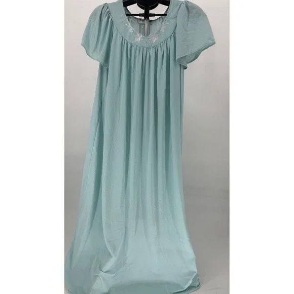 VTG Miss Elaine Classics‎ Women Long Nightgown Blue Embroidered Flutter Sleeve L - Picture 2 of 6